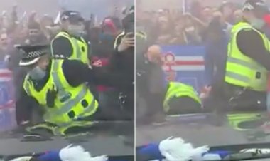 Watch: Ibrox police officer takes tumble as Steven Gerrard enters stadium to thousands of fans with flares