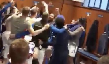 Rangers stars belt out Alfredo Morelos anthem in dressing room party